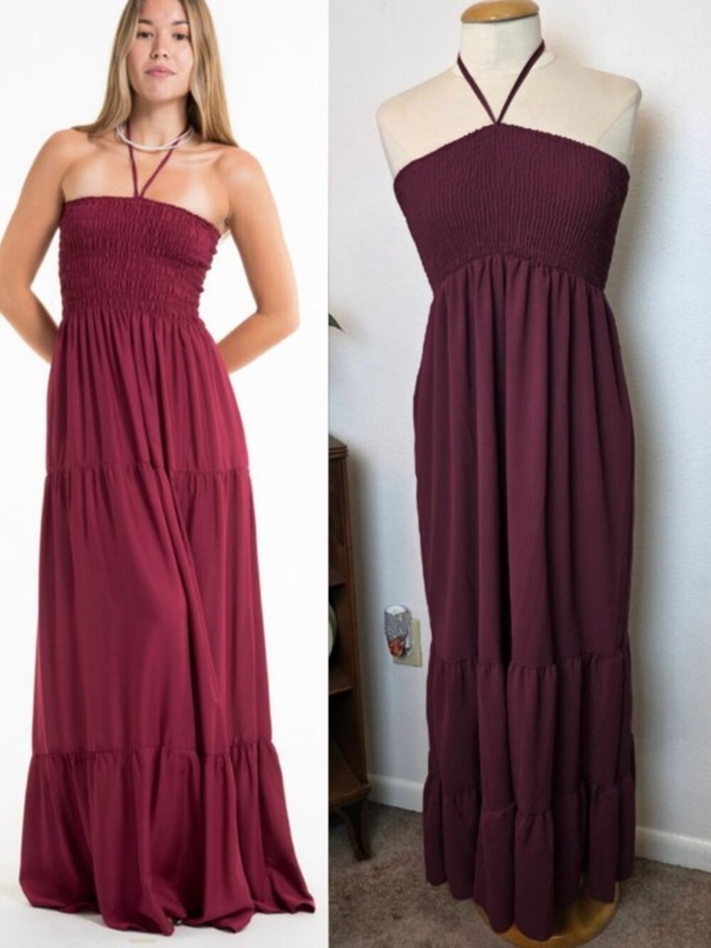 🚨NEW CUPSHE Burgundy Red Smocked Tie Neck Tiered Maxi Dress Beach Vacation Sz L